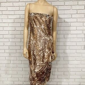 Parker Black Gold Sequin Strapless Midi Cocktail Dress | Draped Slit | Size 8